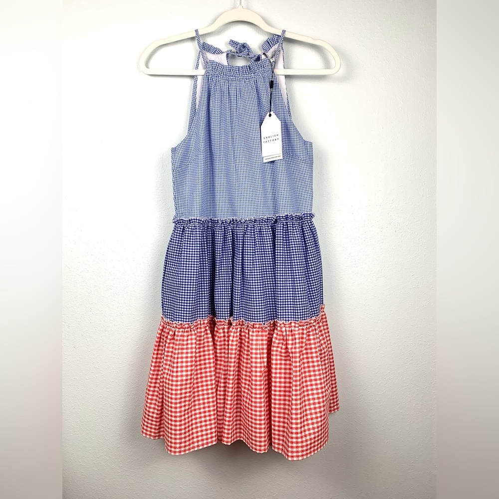 NWT English Factory 100% cotton tiered red/blue gingham halter sundress, Size XS